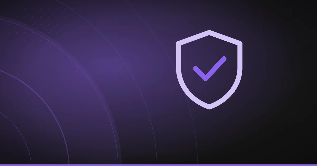 Line illustration of a shield with a tick inside it, on a dark purple background