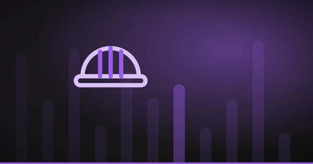 Line illustration of a builder's hard hat with ridged crown and wide brim, on a dark purple background