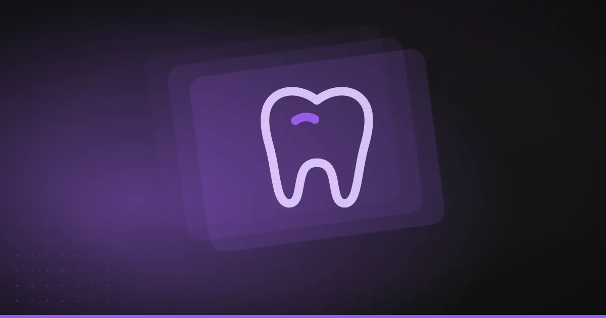Line illustration of a molar tooth with a small highlight mark, on a dark purple background