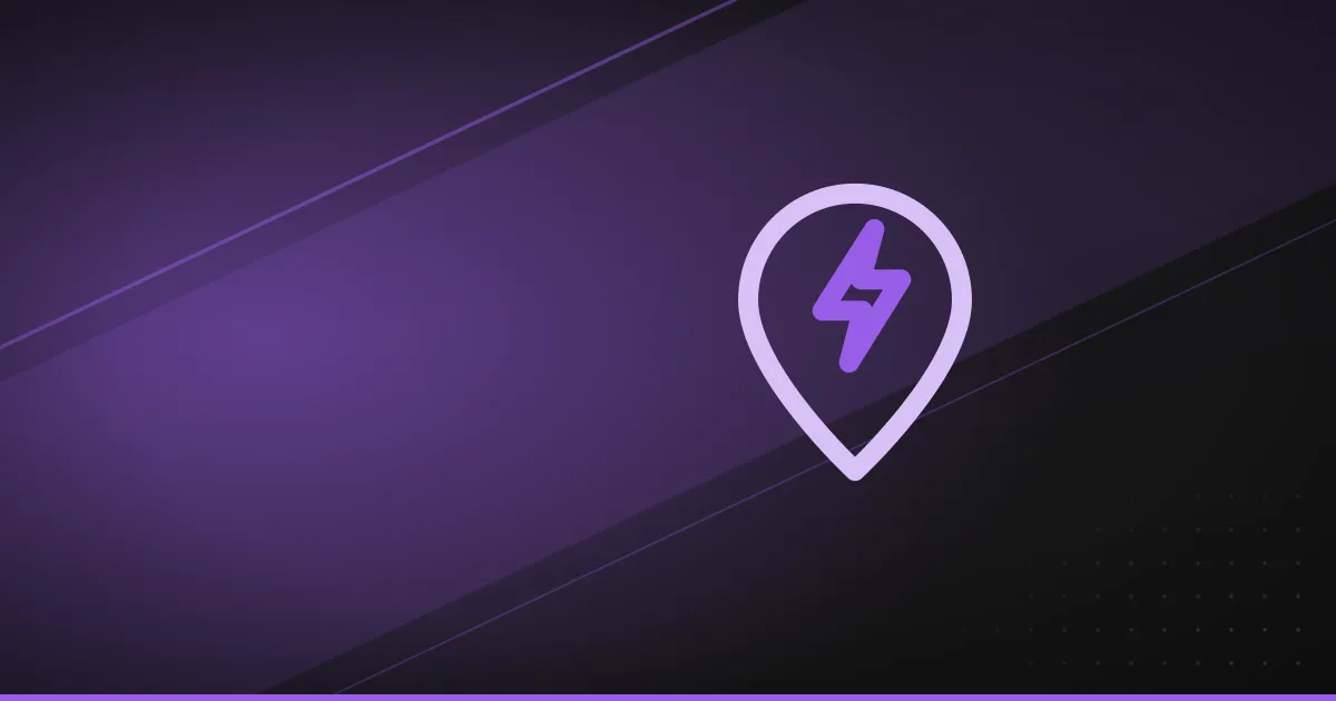 Line illustration of a lightning bolt inside a map location pin, on a dark purple background