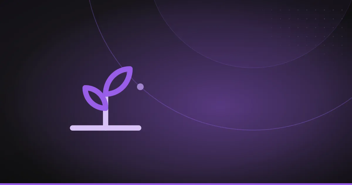 Line illustration of a plant with two leaves above a ground line, on a dark purple background