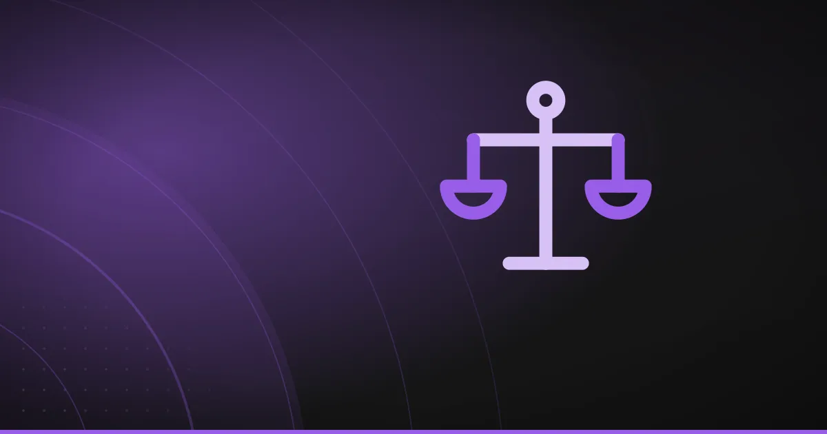 Line illustration of a set of balanced scales of justice, on a dark purple background
