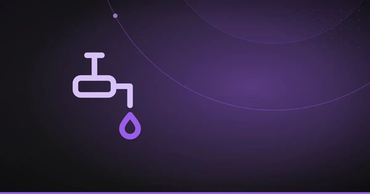 Line illustration of a tap with a water drop falling from it, on a dark purple background