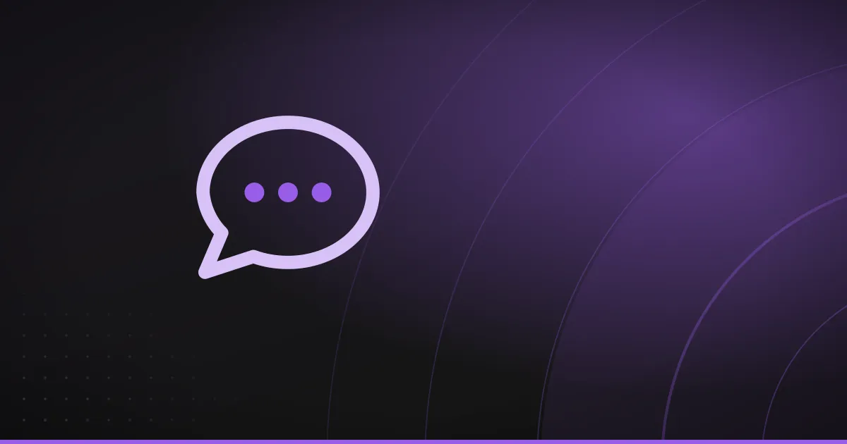 Line illustration of a speech bubble with three dots, on a dark purple background
