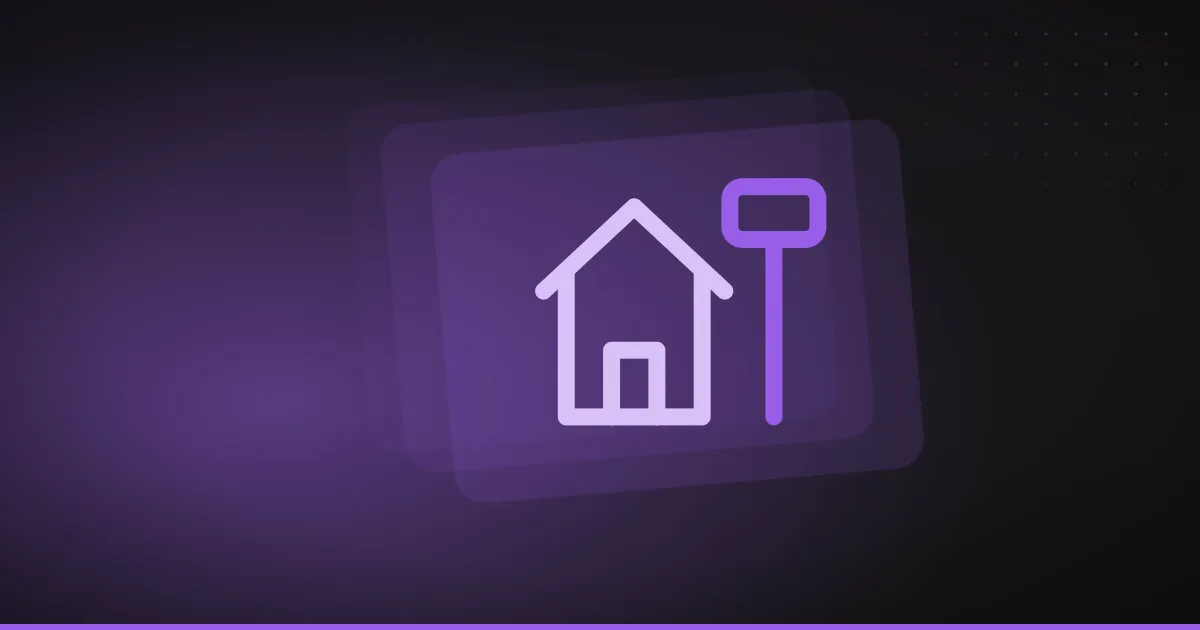 Line illustration of a house beside a for sale signboard, on a dark purple background