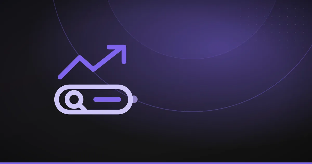 Line illustration of a search bar with a rising trend line above it, on a dark purple background