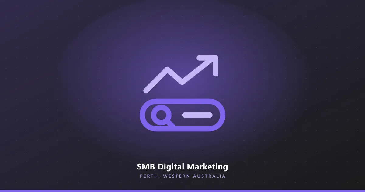 Line illustration of a search bar with a rising trend line above it, on a dark purple background
