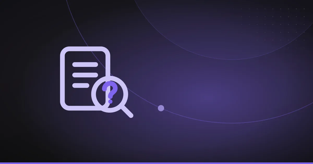 Line illustration of a web page and a magnifying glass with a question mark inside it, on a dark purple background